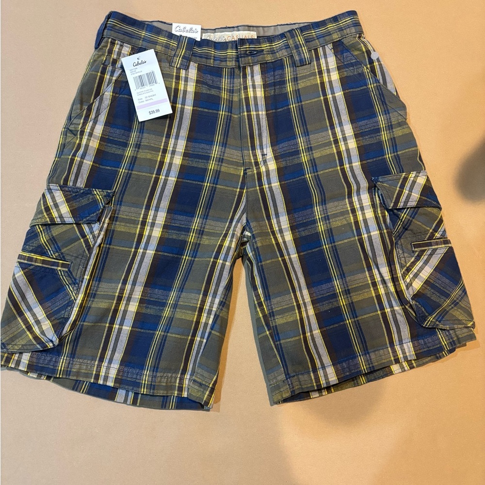 Cabelas Cargo Plaid Men's Shorts - Blue and Yellow